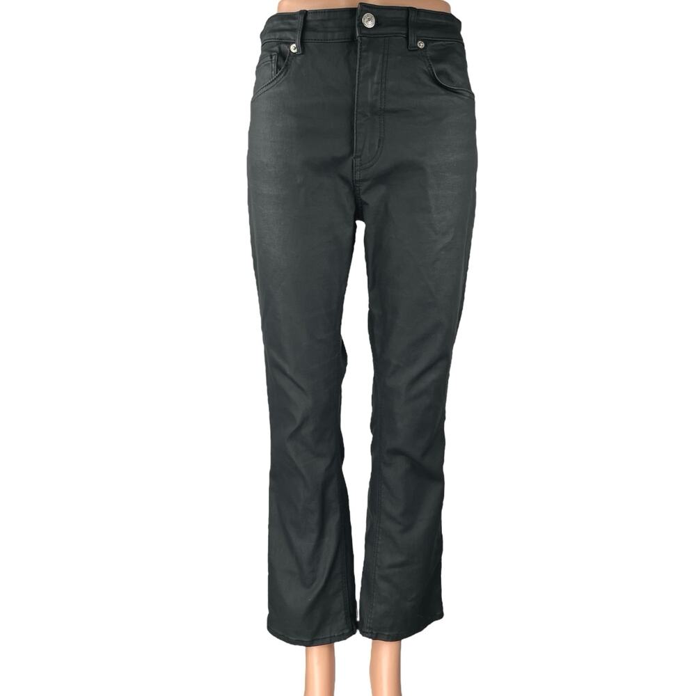 MNG Womens Black Coated High Waisted Stretch Flared Bootcut Casual Pants Size 12